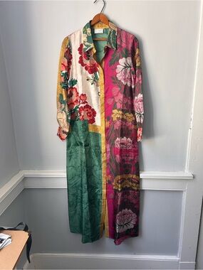 Pierre-Louis Mascia colorblock floral-print silk midi shirtdress Green Gold XS